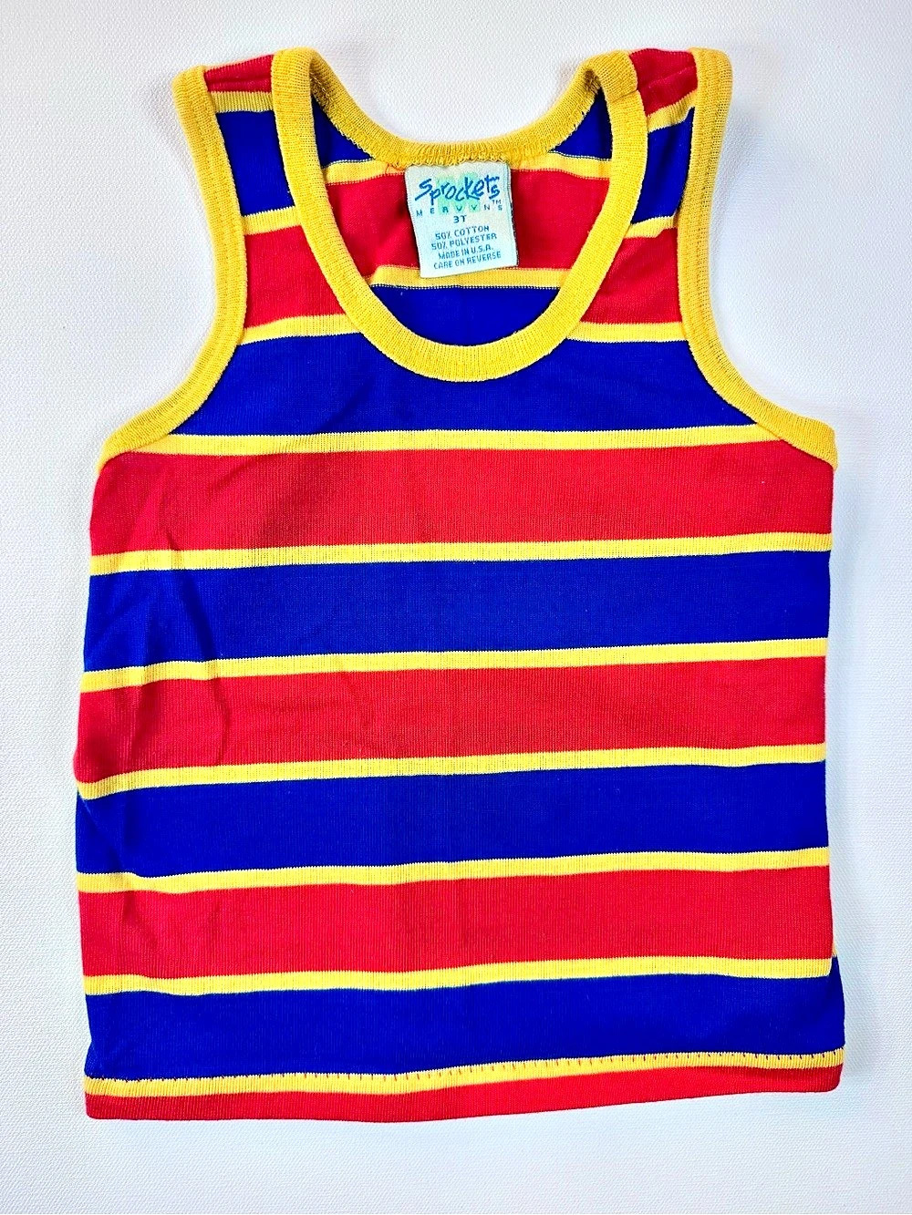 Vintage Retro Toddler Rainbow Stripe Tank Top T Shirt Red Blue 2T 3T Boys 1980s
